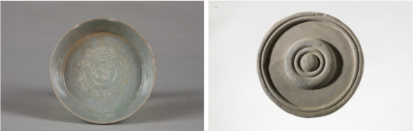 왼쪽은 2008년 제3차 발굴에서 출토된 청자상감국화문 접시. 오른쪽은 2010년 제4차 발굴에서 출토된 일휘문 수막새.(사진-만월대 디지털기록관)