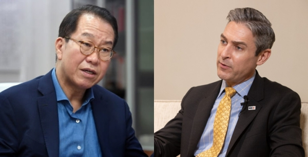 권영세 통일부 장관과 데이먼 윌슨 미국 민주주의기금(NED) 회장. 두 사람은 지난 5일 통일부 장관실에서 북한인권문제와 관련해 면담했다.
